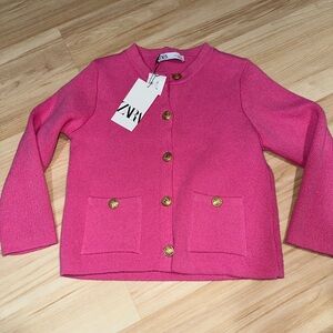 Zara Vibrant Pink Knit Cardigan with Gold Accents